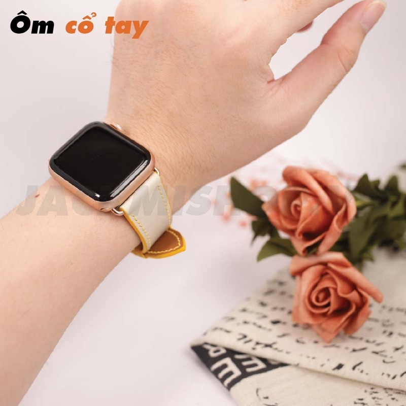 [BẢO HÀNH 1 NĂM] Dây Da BÊ SWIFT may tay thủ công màu Kem chỉ Vàng khóa Bướm cho Apple Watch series 1/2/3/4/5/6/7