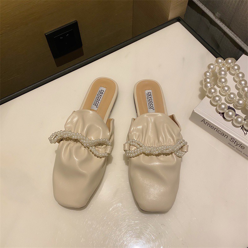 Korean-Style2021Korean Style New Sweet Pearl French Gentle Pleated Toe Cap Semi Slipper Flat Square Toe Women's Shoes