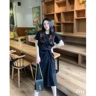 Đầm xoắn eo sang chảnh váy dáng suông trơn chất thun cotton mát