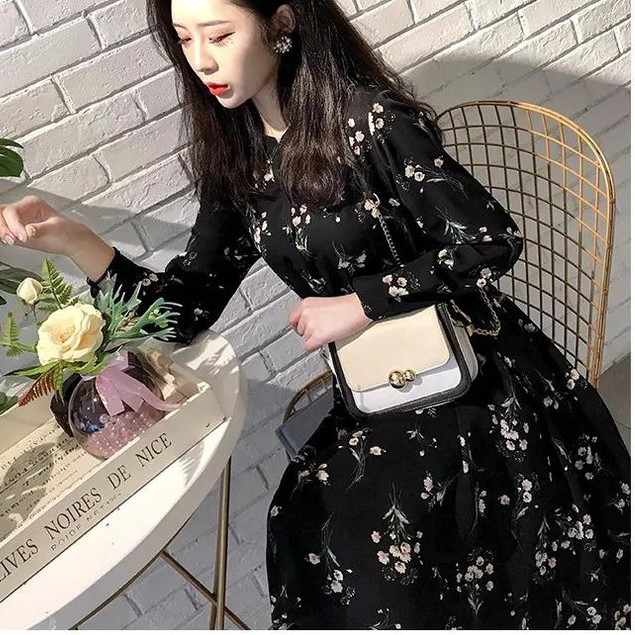 Korean style classic long-sleeve floral chiffon dress