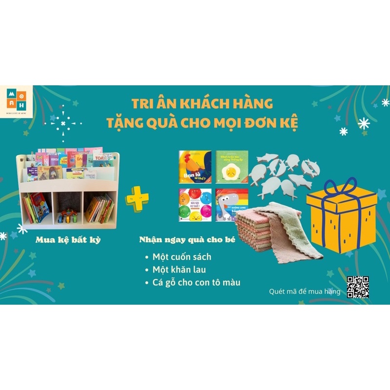 Kệ sách cho bé, kệ đồ chơi, giá sách gỗ 3 tầng, giá sách kết hợp kệ đồ chơi Montessori cho bé KS02