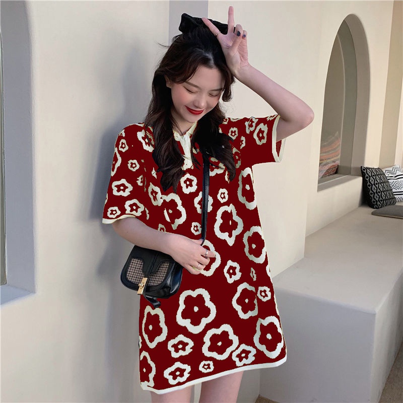 Đầm Thun polo Tay Ngắn Dáng Rộng Phong Cách retro Dành Cho Nữ