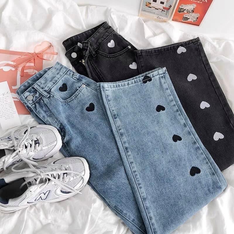 Quần Baggy Jean Nữ Suông Ống Rộng Lưng Siêu Cao In Trái Tim Dọc Kiểu ULZZANG