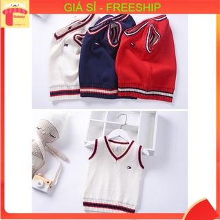 Áo gile len bé trai cổ tim viền kẻ 3-8 tuổi thêu logo ngựa. Gile len cho bé phong cách Hàn Quốc sợi không bai xù