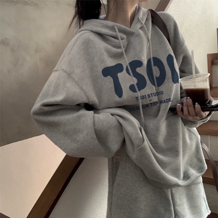 Áo Hoodie Dáng Rộng Bằng Vải Nhung Dày Thời Trang Mùa Đông Hàn Quốc Cho Nữ
