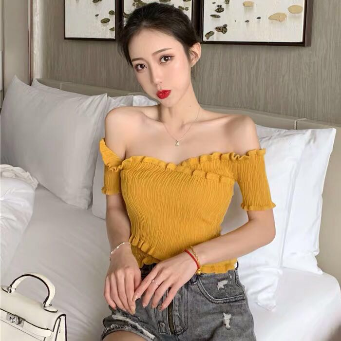 Áo Croptop Trễ Vai Phối Bèo Thời Trang Cho Nữ 2021