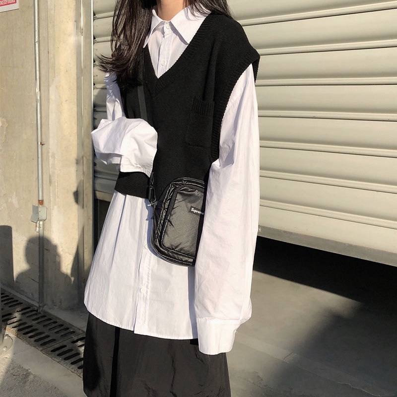 Áo sweater dệt kim sát nách cổ chữ V dáng rộng xẻ tà thời trang dành cho nữ