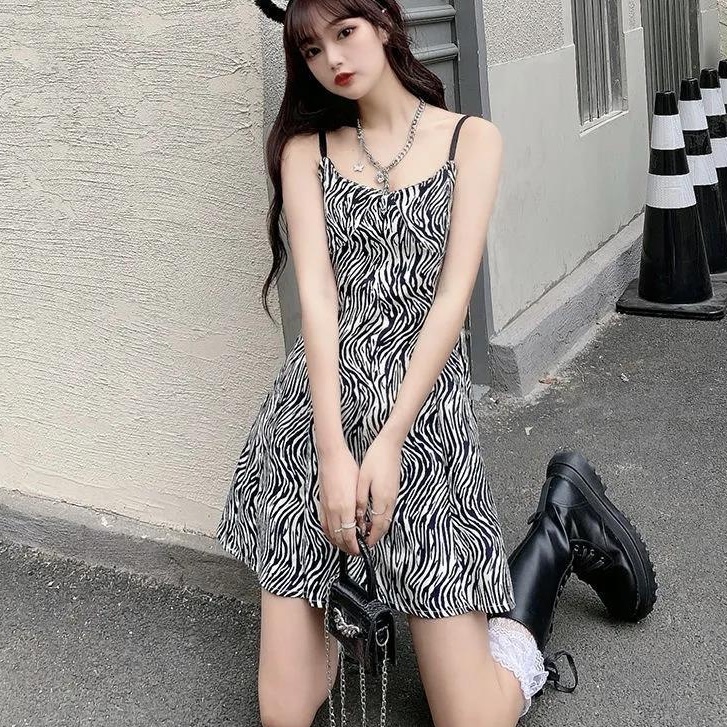 Đầm Hai Dây Dáng Chữ A Lưng Cao Họa Tiết Ngựa Vằn Phong Cách Hàn Quốc Thời Trang Mùa Hè Hàng Mới