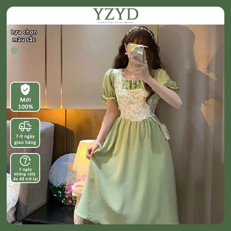 YZYD🌺 Đầm màu xanh lá cổ vuông đáng yêu YZYD-50004
