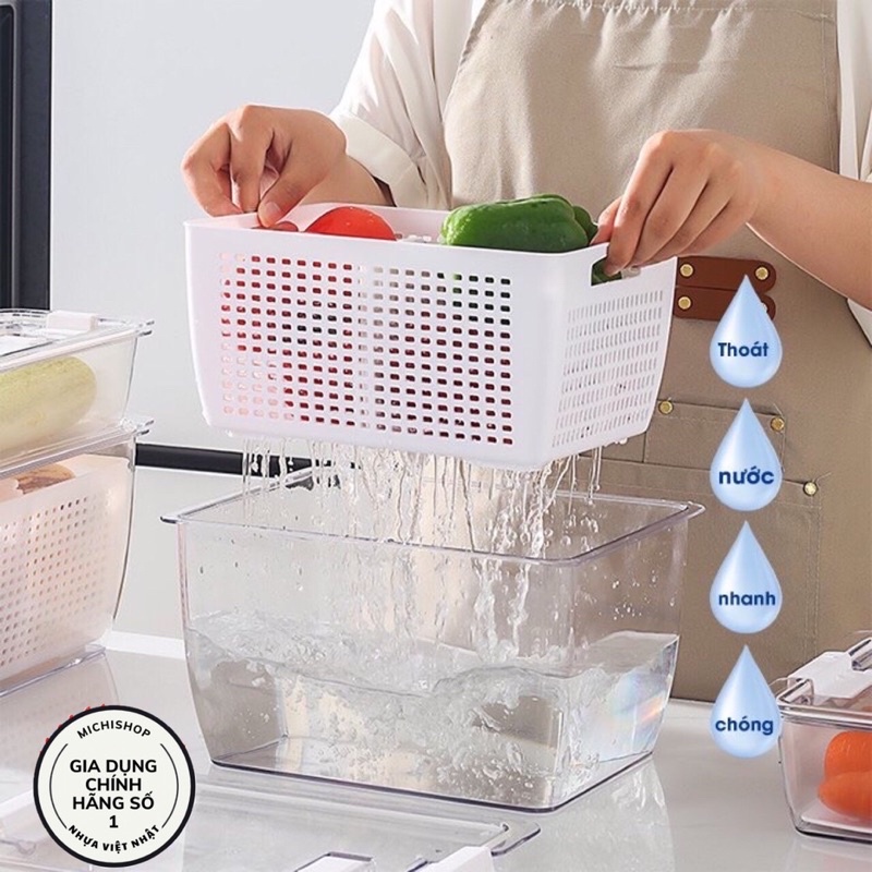 Hộp Đựng Thực Phẩm 2 Lớp Để Tủ Lạnh Có Lỗ Thoát Khí Cao Cấp Hokori Nhựa Việt Nhật, Hộp Bảo Quản Rau Củ Kèm Rổ Ráo Nước