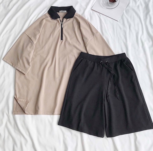 Set áo polo khoá và quần short đen | BigBuy360 - bigbuy360.vn