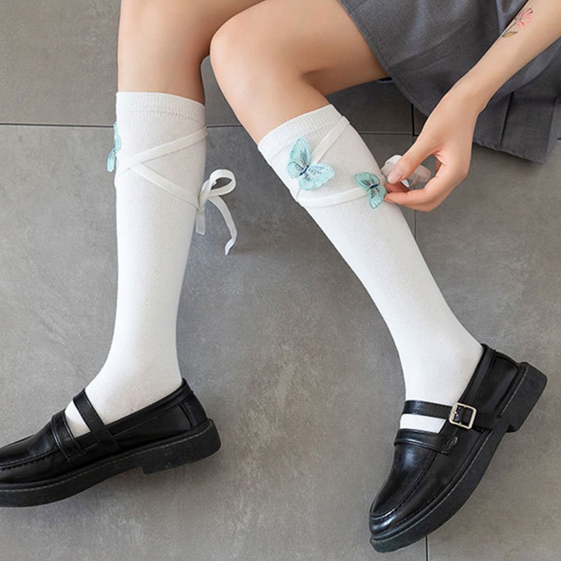 Tất Cotton Dài Qua Gối Thắt Nơ 3D Phong Cách Harajuku Nhật Bản Ngọt Ngào Cho Nữ