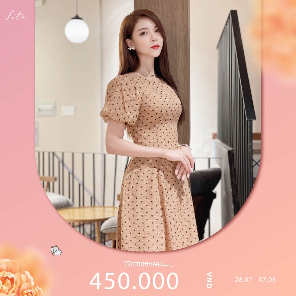 Đầm dự tiệc nữ Lita -  Váy công sở tay bồng chấm bi dáng xòe sang trọng Mã SKU: VCS05 | BigBuy360 - bigbuy360.vn