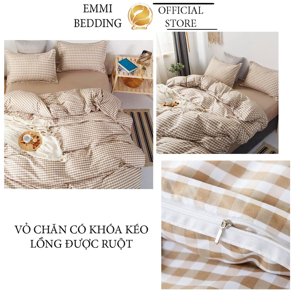 Chăn ga gối Emmibedding chất liệu cotton poly họa tiết kẻ caro đáng yêu đủ size miễn phí bo chun