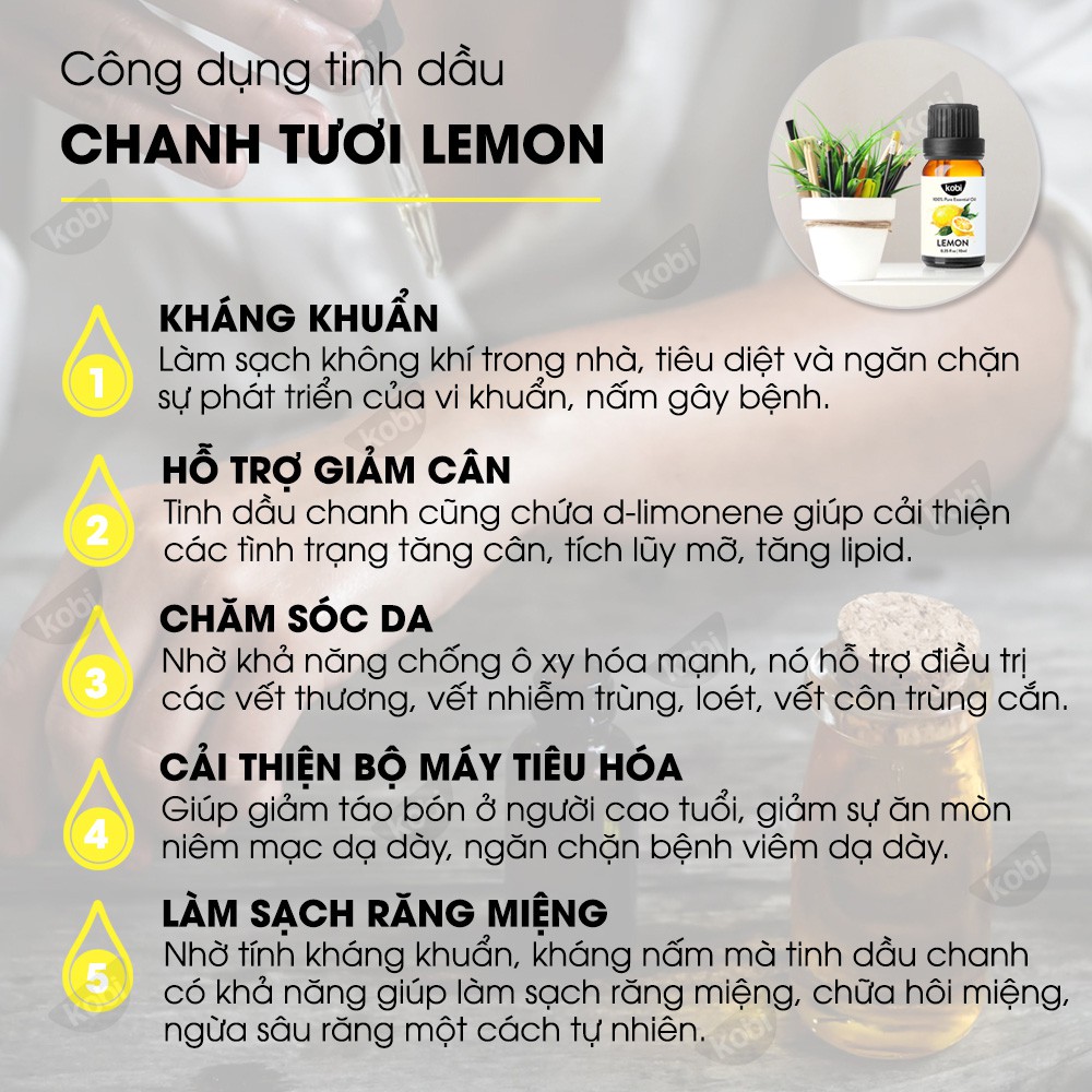Tinh dầu Chanh Tươi Kobi Lemon essential oil giúp thơm phòng, se da, tinh thần sảng khoái - 10ml