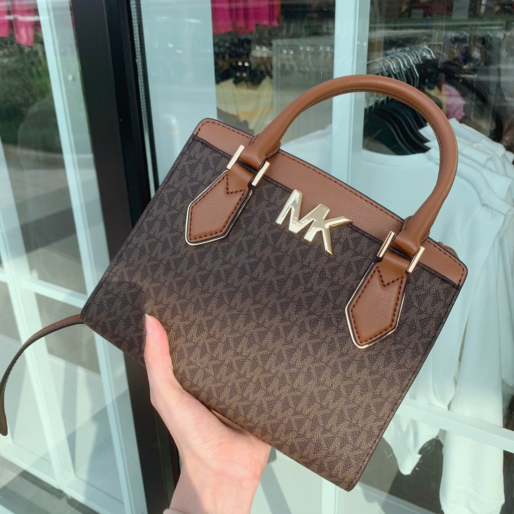 Túi xách nữ chính hãng Michael Kors phối nâu logo - Size 23cm