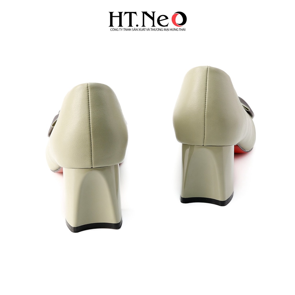 Giày cao gót vuông HT.NEO Thiết kế da bò thật mềm mại, gót cao đến 5cm, đính nơ vải nhẹ nhàng, thanh lịch CS239