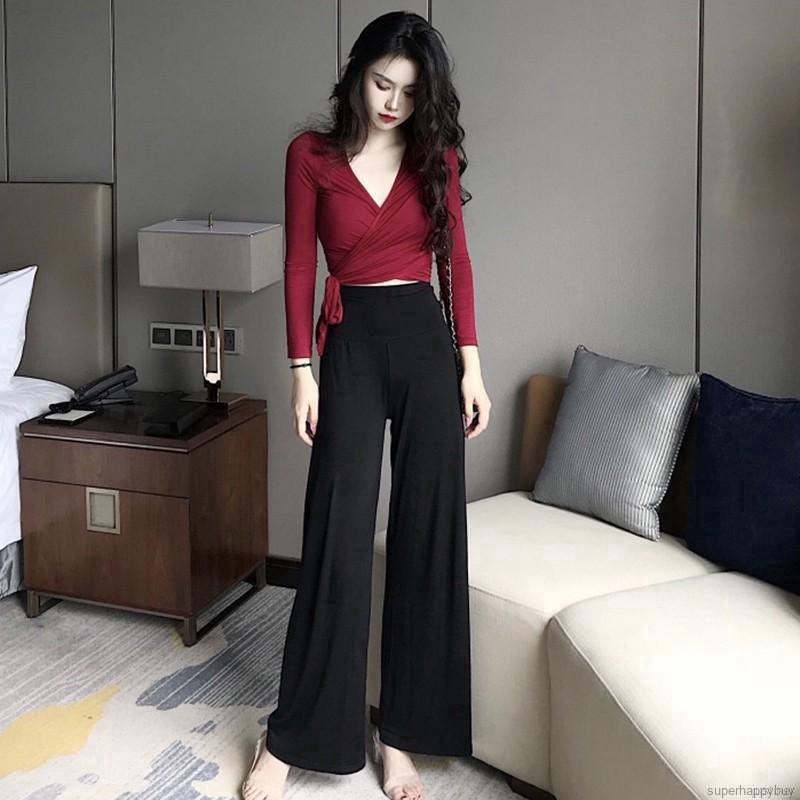 Áo Kiểu Tay Dài Màu Trơn Thiết Kế Cổ Chữ V Thanh Lịch