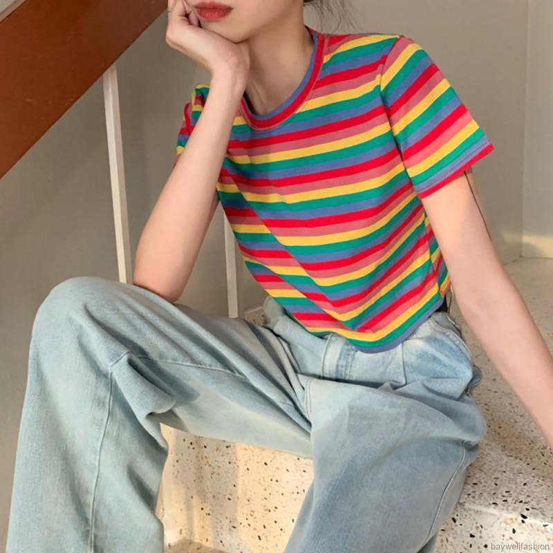 [Baywellfashion]Áo thun tay ngắn cổ tròn hoạ tiết kẻ sọc màu cầu vồng
