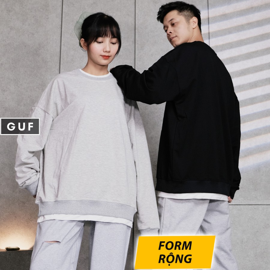 Áo Sweater Nam Nữ Form Rộng Phối Layer 2 Lớp Có Màu Basic Xám, Đen Chất Da Cá Hàn Cao Cấp Thương Hiệu GUF