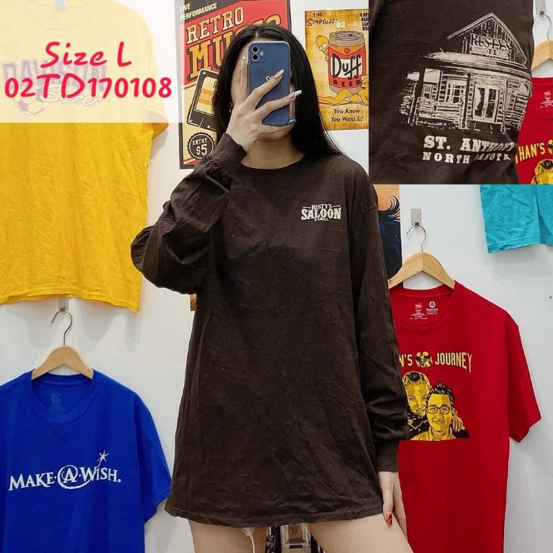 Áo thun, tee Mỹ tay dài, unisex form rộng màu nâu đậm 2ndhand