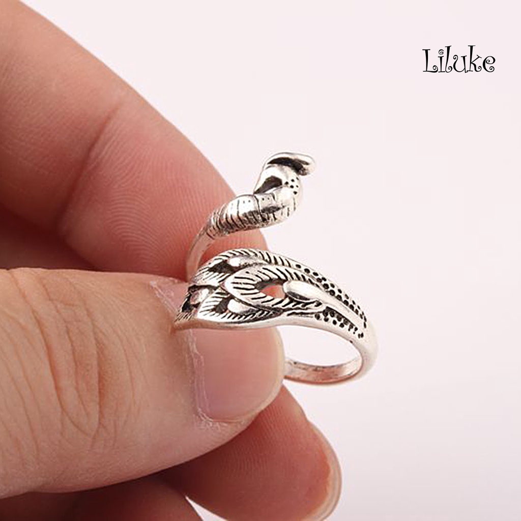 Nhẫn Hợp Kim Màu Bạc Trang Trí Hình Chim Công Có Thể Điều Chỉnh Kích Cỡ