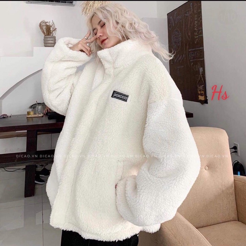 Áo Khoác Nữ lông cừu form rộng Khoá Kéo Dài Tay Dáng Rộng Áo Lông Trắng Cổ Cao Logo ONS G045