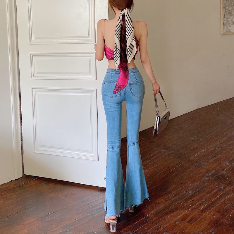 Jiashucheng Hyuna Quần Jean Dài Ống Loe Xẻ Tà Cạp Cao Ôm Dáng Phong Cách Mùa Xuân Mới Cho Nữ