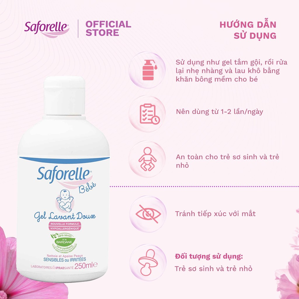 Gel tắm gội cho bé Saforelle BeBe cao cấp giúp làm sạch dịu dàng trên làn da mỏng manh của bé 250ml