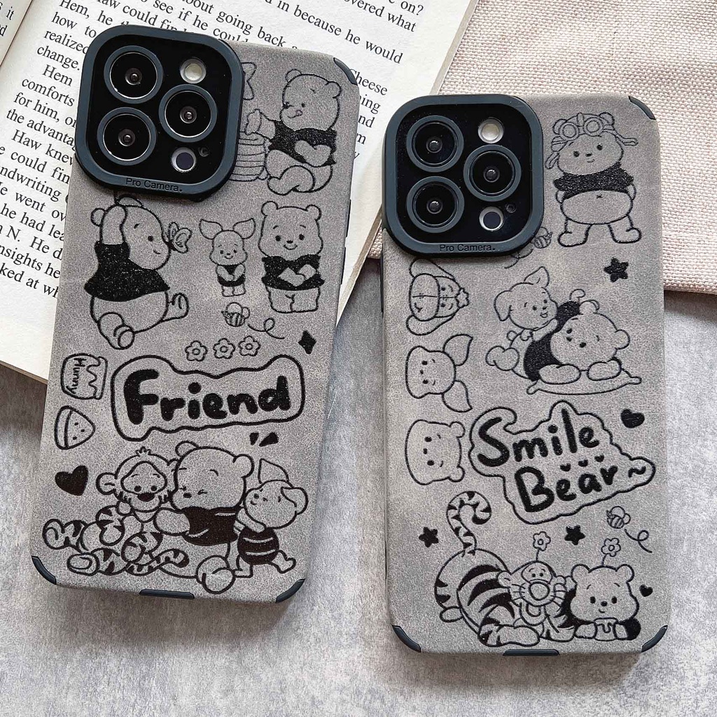 Ốp Điện Thoại Da Lộn Mềm Họa Tiết Gấu Cười Sang Trọng Cho iPhone 14ProMax 13 12Pro 11Promax