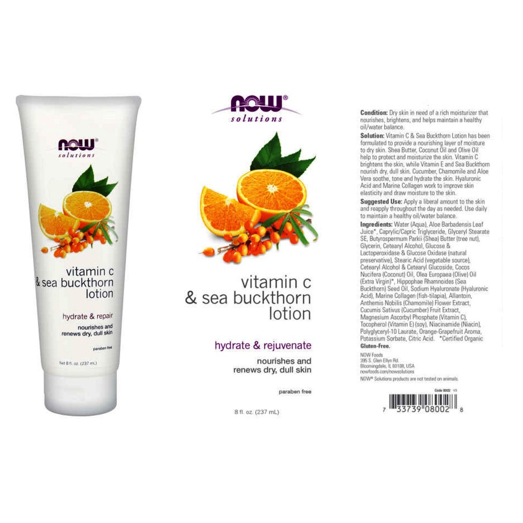 Mỹ phẩm Now solutions vitamin C - sea buckthorn lotion kem dưỡng thể, dưỡng ẩm chai 237 ml