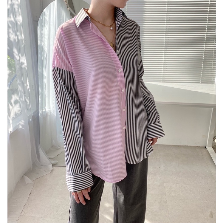 Áo sơ mi nữ phối kẻ 2 màu hồng đen kẻ sọc MONI SHIRT