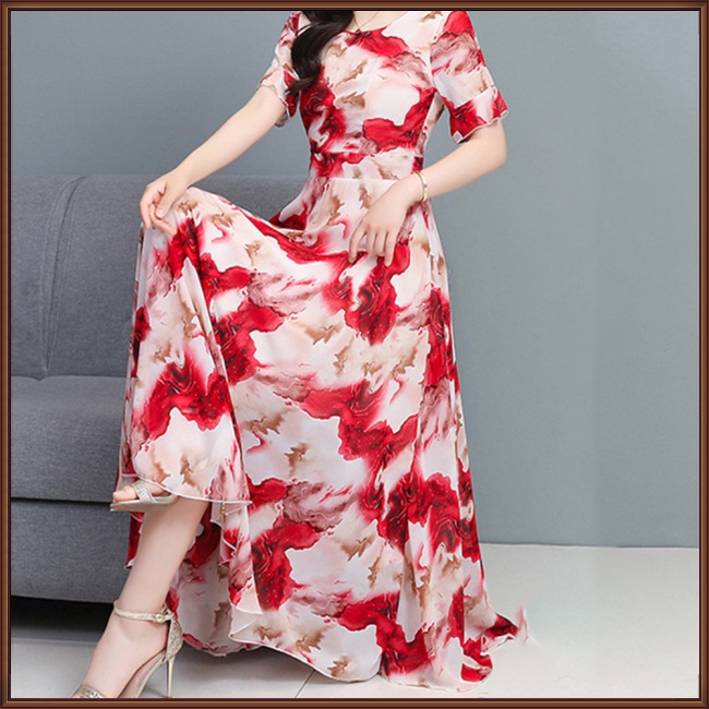 Đầm Midi Chữ A Tay Ngắn Cổ Tròn In Họa Tiết Hoa Thời Trang Mùa Hè Cho Nữ