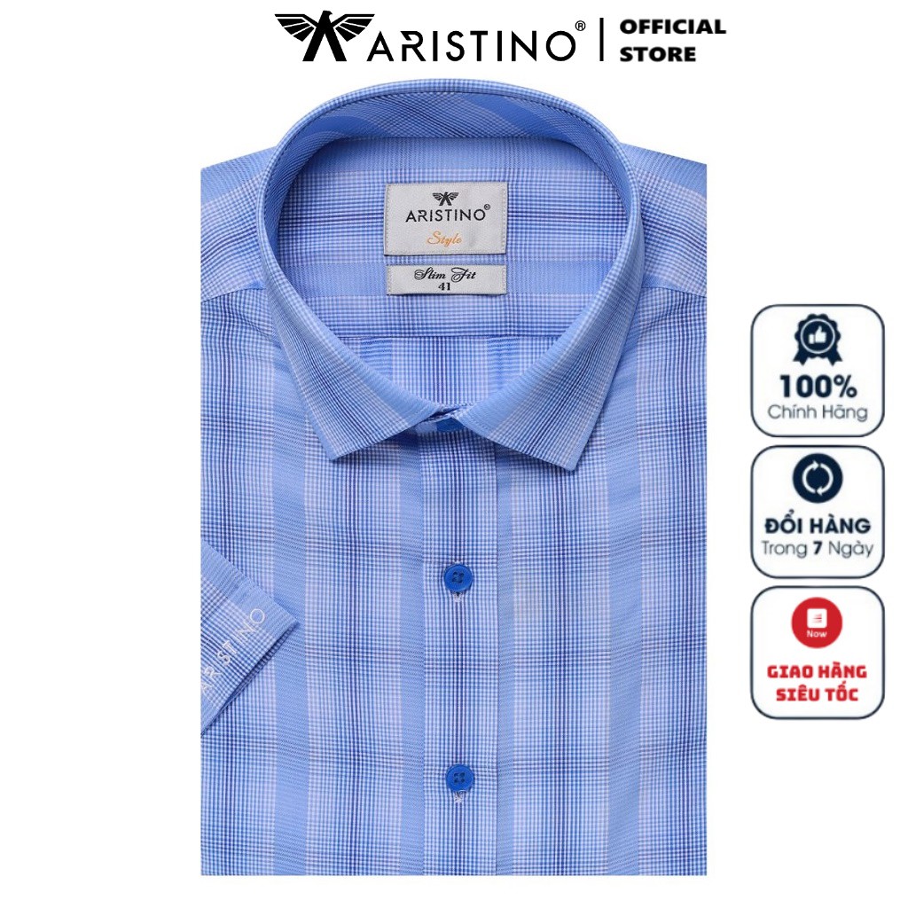 Áo Sơ Mi Nam Tay Ngắn Aristino ASS048S8 Màu Caro Tăm Sọc Dọc Dáng Slim Fit Vải Sợi Sồi