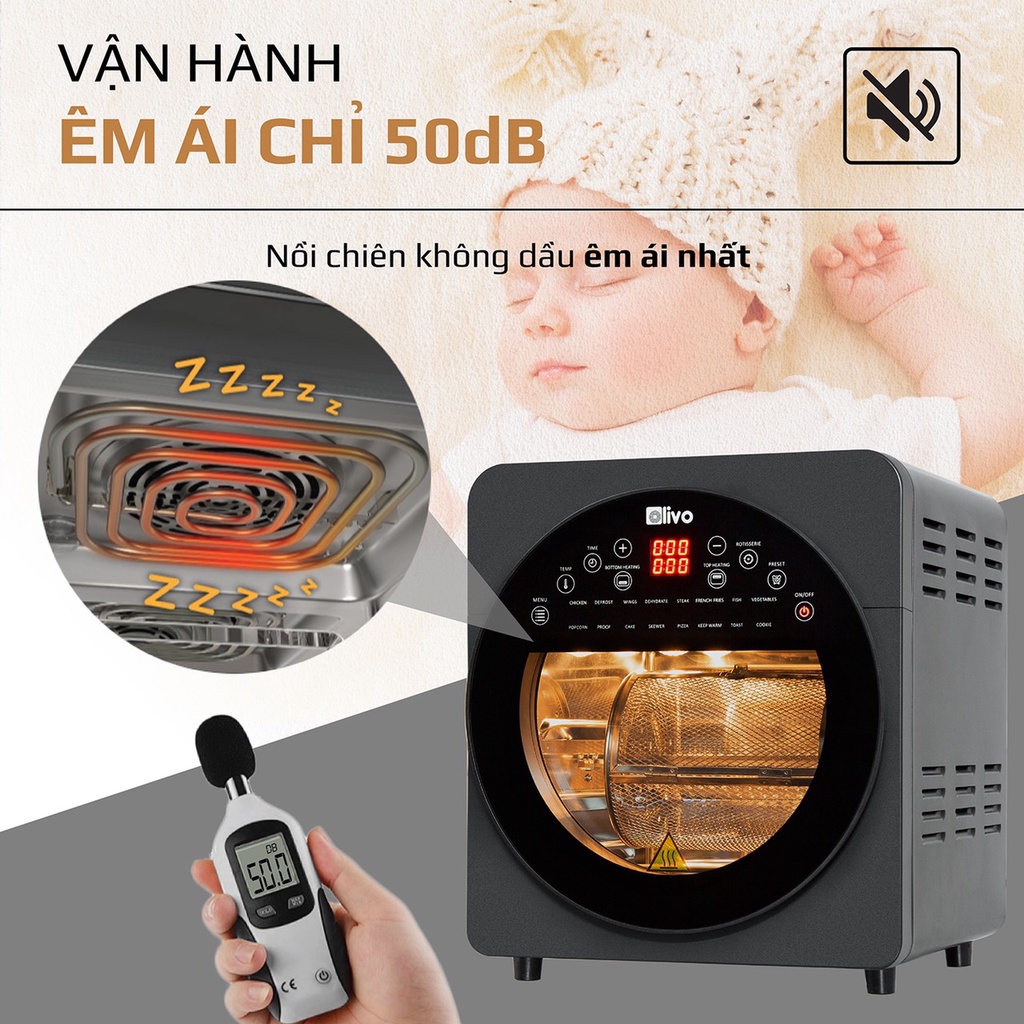 Nồi chiên không dầu Olivo AF15 thương hiệu Mỹ - Dung tích 15L - Chế độ nhiệt kép - Chiên quay không lật dở