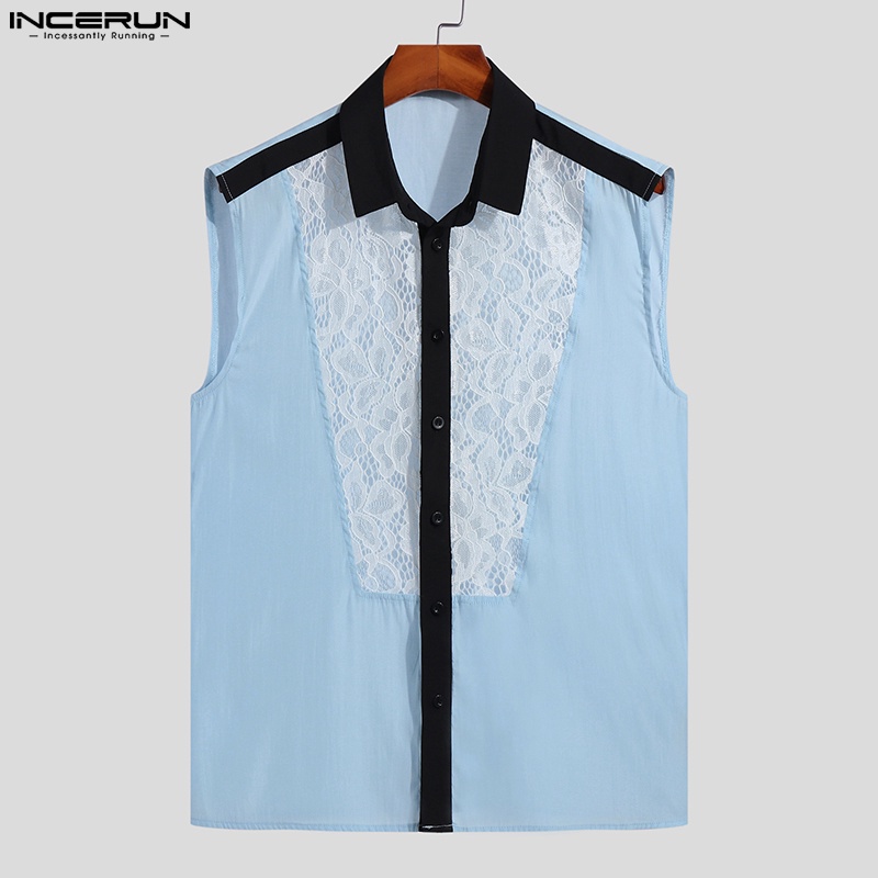 Incerun Áo Sơ Mi Lưới Cá Không Tay Cài Nút Phong Cách Retro Dân Gian Cho Nam