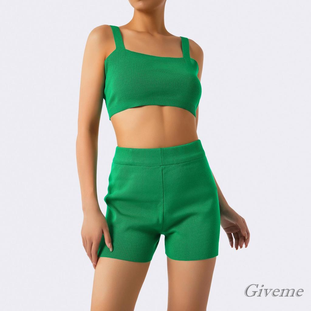 Bộ Áo Croptop Dệt Kim Hai Dây In Họa Tiết Phối Quần Short Co Giãn Thời Trang Cho Nữ