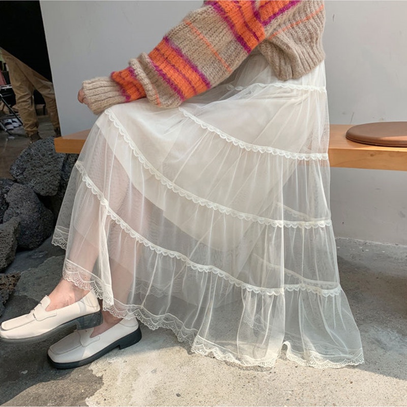 Chân Váy Chữ A Phối Ren Lưới Thời Trang Thu Đông Phong Cách Mới Cho Nữ