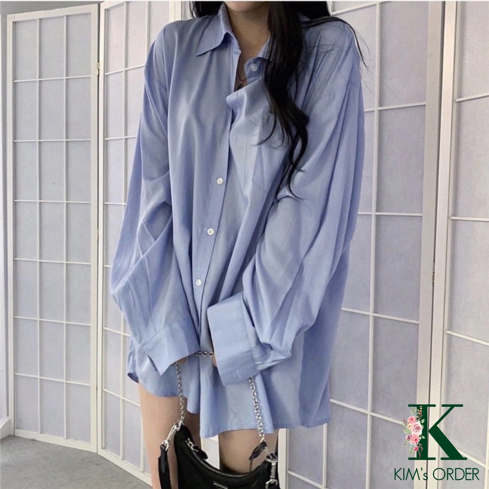 Áo Sơ Mi Nữ Màu Trắng Màu Xanh Basic Cổ Sơ Mi Dài Tay Cài Cúc Phom Rộng Chất Sơ Mi Lụa Hàn Thấm Mồ Hôi Không Nóng
