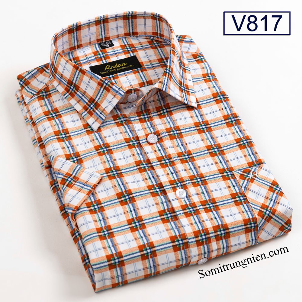 Áo Sơ Mi Nam Công Sở Trung Niên Thương Hiệu Anton Ngắn Tay Vải Cotton Họa Tiết Kẻ Caro Màu Đỏ Trắng V817
