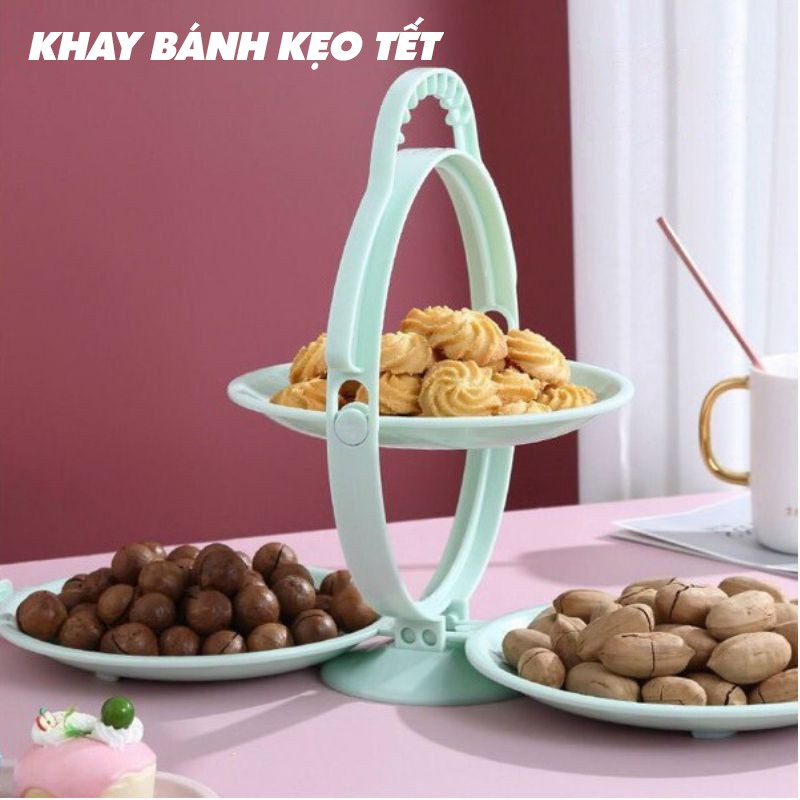 Khay Hoa Quả Bánh Kẹo Tết - Đĩa Bánh Kẹo Sang Trọng Loại 3 Đĩa Gập Mở Dễ Dàng