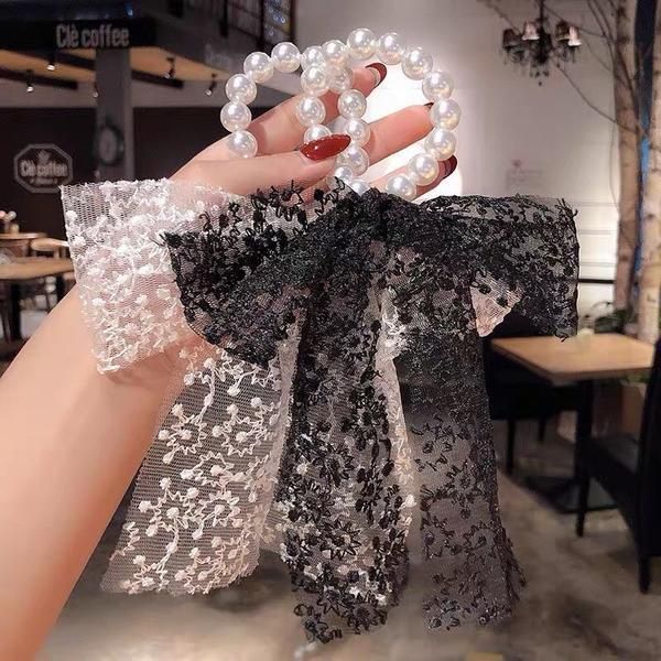 Dây cột tóc phối nơ ren đính ngọc trai nhân tạo phong cách Hàn Quốc xinh xắn