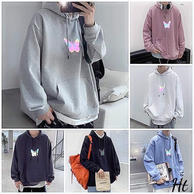 Áo hoodie phản quang bướm bảy màu chất nỉ ngoại cực dầy dặn