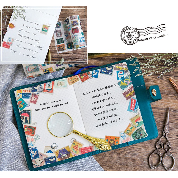 Cuộn Washi Tape Vintage Khổ Lớn Hình Tem Thư KT 10cm x 5 Mét Băng Dán Trang Trí Sổ Bullet Journal Retro