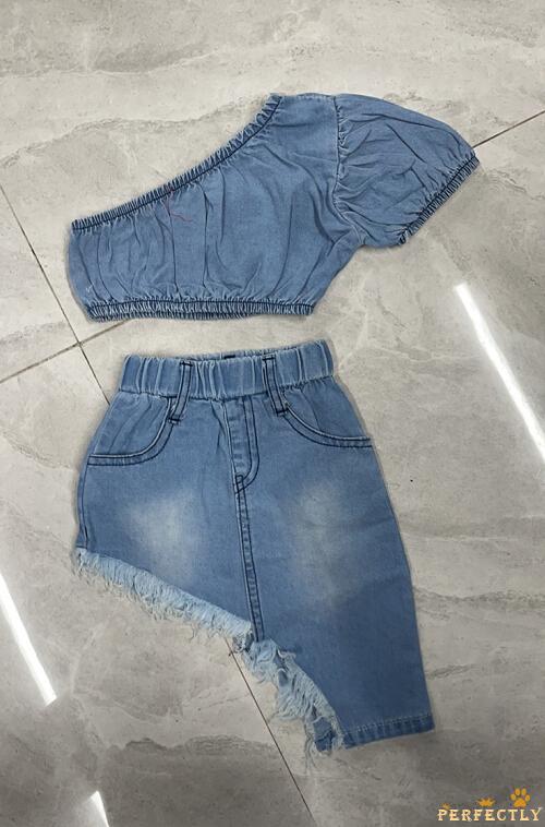 Set Áo Trễ Vai Ngắn Tay + chân váy jean Thời Trang Cho Bé Gái  Tuổi