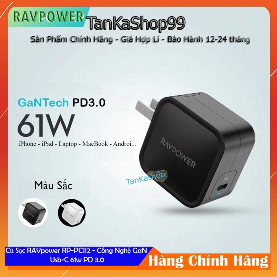 GIẢM GIÁ Củ Sạc Ravpower RP-PC112 - 1cổng Usb-c 61W PD 3.0 - Công Nghệ GaN GIẢM GIÁ