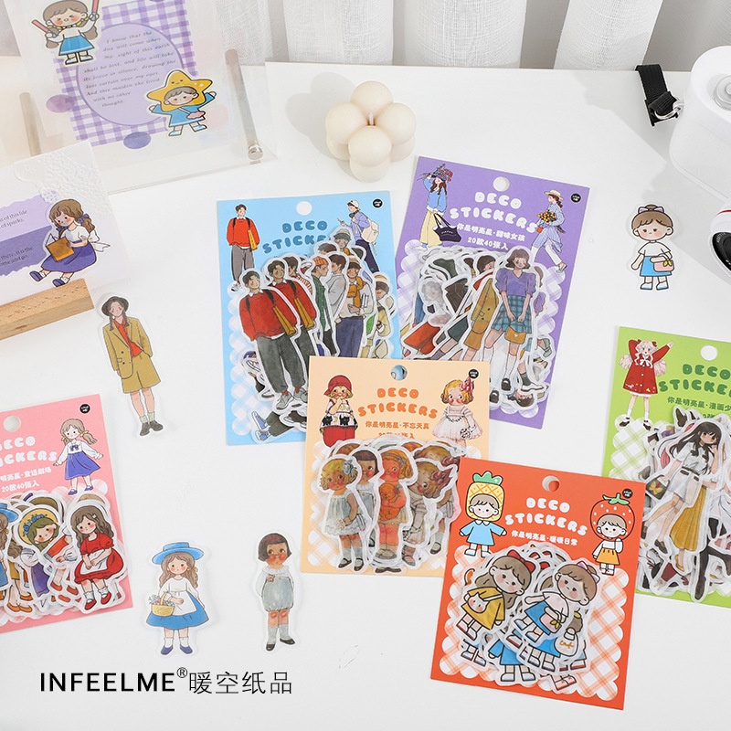 Set 40 Hình Dán Infeel.Me Họa Tiết Bé Trai Bé Gái Dễ Thương Trang Trí Sổ Tay Tự Làm
