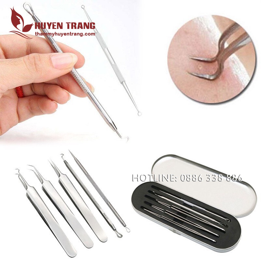 Bộ Dụng Cụ Nặn Mụn 5 Món: 3 Nhíp Lấy Mụn Và 2 Que Nặn Mụn Cao Cấp Không Gỉ - Thẩm Mỹ Huyền Trang NANOCEE