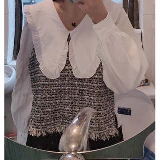 Áo sơ mi nữ dài tay mix dạ tweed mỏng cổ bèo tiểu thư