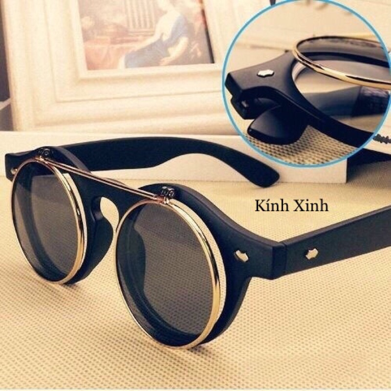 Kính Râm Mắt Tròn 2 Tròng 2in1 Gọng Nhựa Đa Năng Phong Cách Retro
